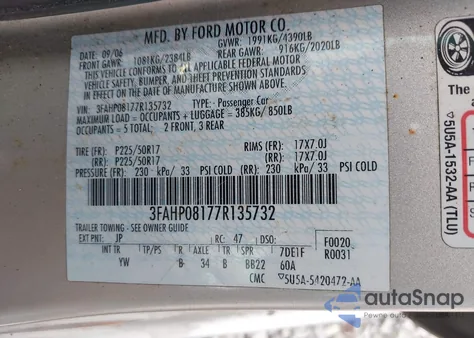 2007 Ford Fusion Sel z USA, uszkodzony, nr VIN 3FAHP08177R135732